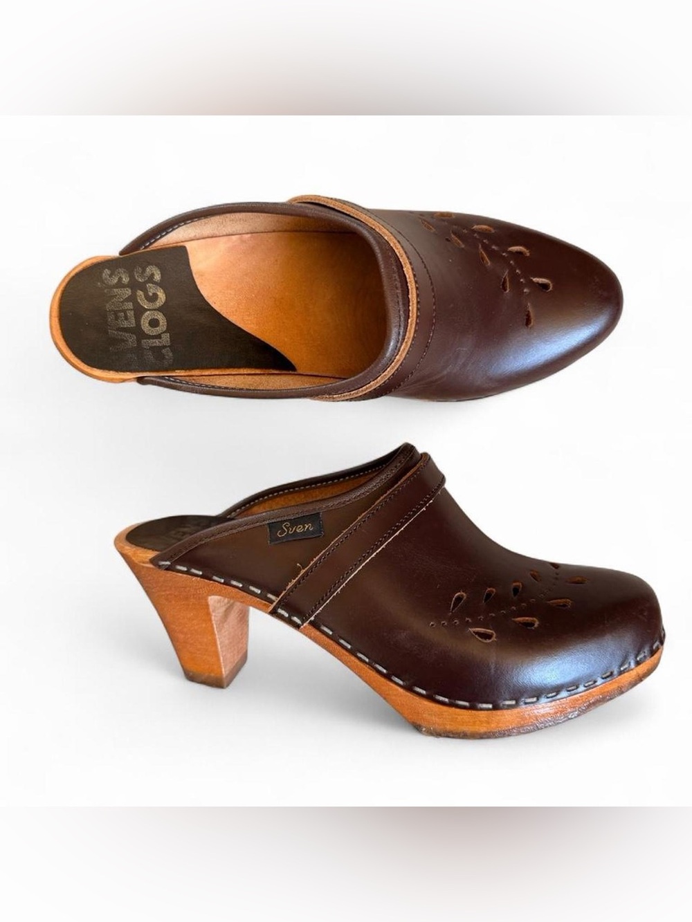 Sven Dark Brown Leather Clog Mules with Wood Heel- Size 40
